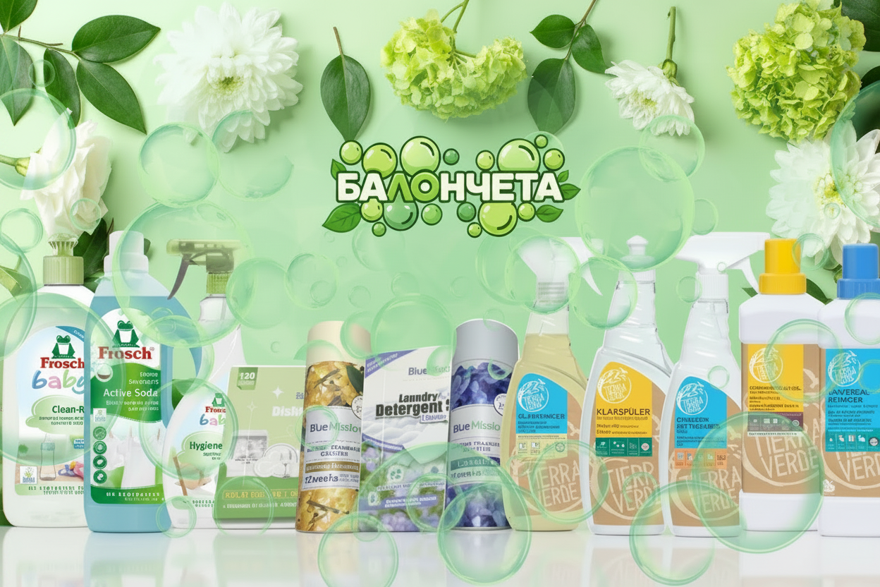 Collection of cleaning products with a green background and 'Балончета' branding.